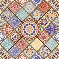 Seamless ceramic tile with colorful patchwork. Vintage multicolor pattern in turkish style. Endless pattern can be used for ceramic tile, wallpaper, linoleum, textile, web page background. Vector