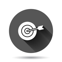 Target aim vector icon in flat style. Darts game illustration on black round background with long shadow effect. Dartboard sport target circle button business concept.