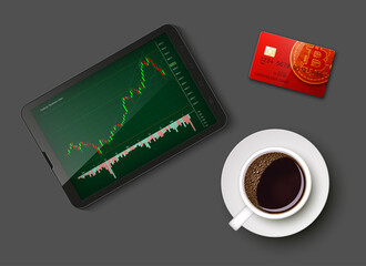 Tablet PC Business chart card, uptrend line graph, bar chart stock bull market arrow phone, coffee. Evaluation investment risks tablet banner. Financial markets background tablet trading phone, coffee