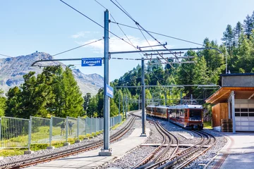 Photo sur Plexiglas Viaduc de Landwasser Le train de montagne suisse a traversé les Alpes, chemin de fer dans les montagnes