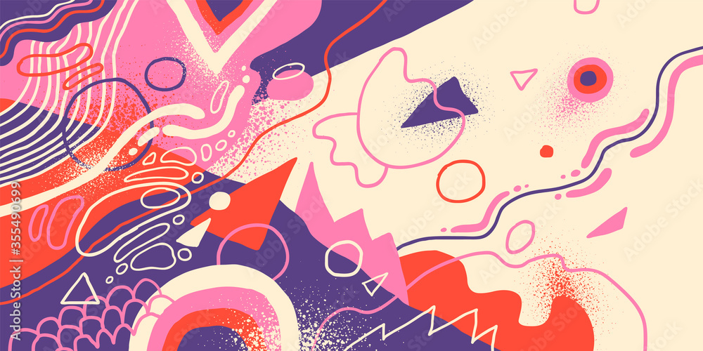 Poster artistic background in abstract style, made of various fluid hand drawn shapes in color. vector illu