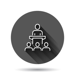 People on podium icon in flat style. Speaker vector illustration on black round background with long shadow effect. Audience orator circle button business concept.