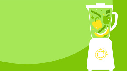Green and yellow vegetables in a blender. Food processor, mixer, blender and smoothie juice. Vector illustration on green background with copy space.