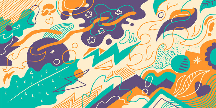 Abstract retro illustration in colorful hand drawn style. Vector illustration.