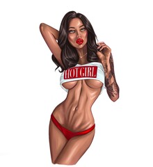 A brunette with a beautifully toned figure. Sexy girl in a short top and red panties.