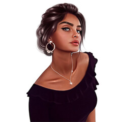 Hand-drawn vintage lady with voluminous hair and mysterious eyes. Portrait of a young brunette girl.