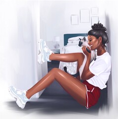 Cute brunette in a tracksuit with a Siamese cat in her arms