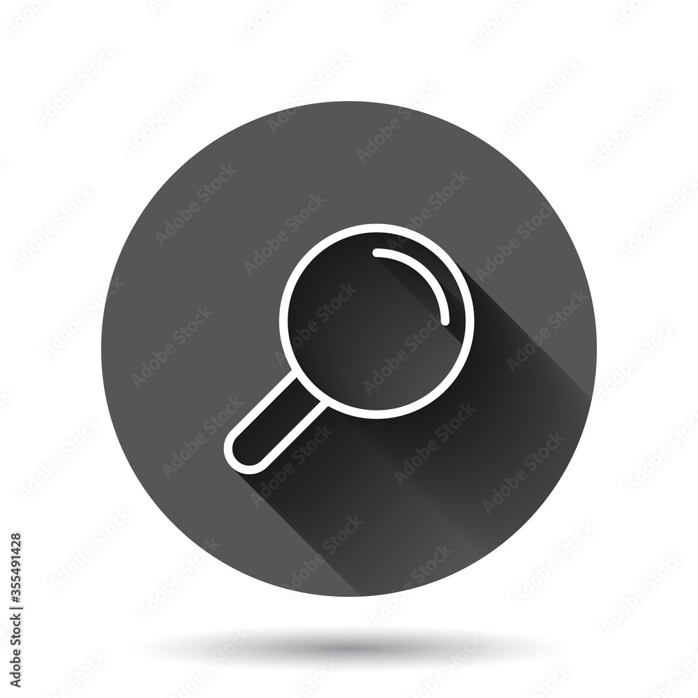 Poster loupe sign icon in flat style. magnifier vector illustration on black round background with long sha