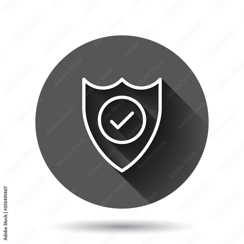 Poster shield with check mark icon in flat style. protect vector illustration on black round background wit