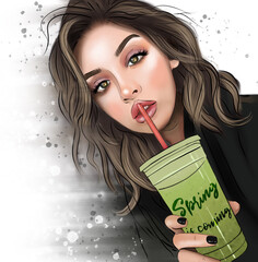 A beautiful young light brown woman with a cocktail. Hand-drawn fashion girl illustration in Procreate. Model posing.