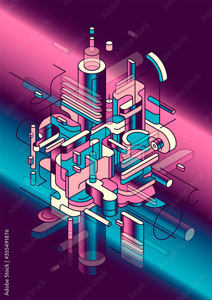 Poster futuristic style abstract illustration, made of various isometric objects in colors. geometric compo
