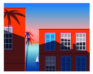Colorful houses in the city with ocean view. Vector eps10 illustration 