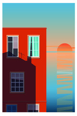 Facade of a house with windows and ocean view. Sunset time. Vector eps 10 