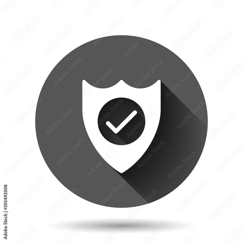 Poster shield with check mark icon in flat style. protect vector illustration on black round background wit