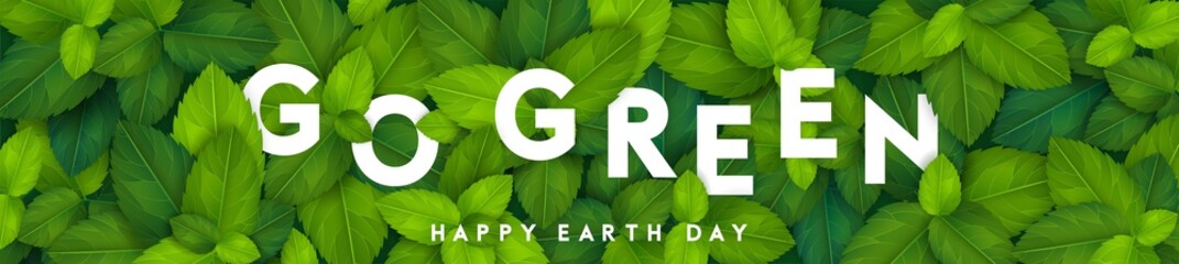 Vertical ecology theme banner template with realistic leaves and go green lettering. Vector illustration. Happy earth day - 355492015