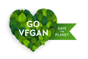 Ecology theme go vegan flyer template with heart shape bright fresh green leaves lettering concept on white background. Poster, card, banner stylish design. Vector illustration EPS10 - 355492039
