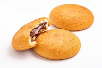 Delicious chocolate cream filled cookies. isolated white background.
