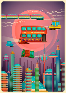 Illustration of a futuristic city scene with buildings, skyscrapers, towers, various levitating vehicles and sky. Vector illustration.