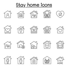 Stay home icons set in thin line style