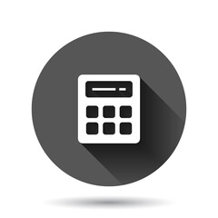 Calculator icon in flat style. Calculate vector illustration on black round background with long shadow effect. Calculation circle button business concept.