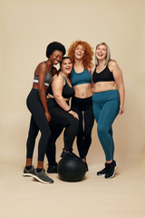 Fitness. Group Of Diversity Women With Different Figure. Smiling International Female Friends In...