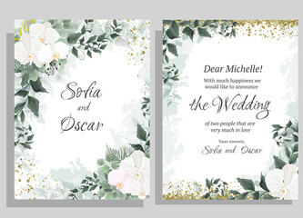 Vector floral template for wedding invitations. Orchid flowers, gold sparkles, green plants, leaves. All elements are isolated.