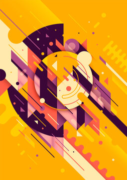 Geometric style illustration, made of various abstract shapes and objects in intense colors. Modern design. Vector illustration.