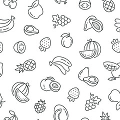 Fototapeta na wymiar Seamless pattern with fruits. Black and white thin line icons