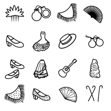 Set of outline flamenco accessories vector icons for your design isolated on white background.