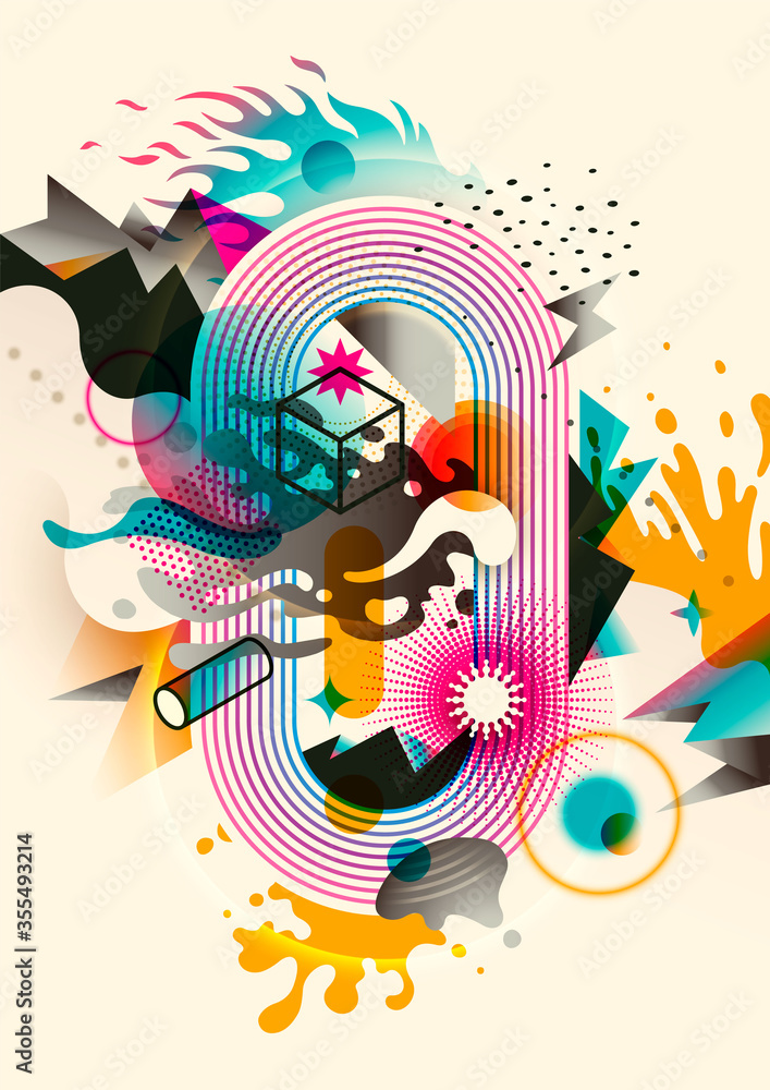 Poster modern abstract illustration made of various shapes and objects in intense colors. youthful style. v