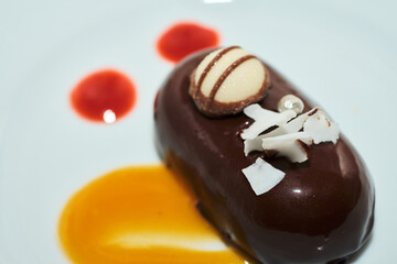 Detailed close up image of a fancy french dessert. Gourmet mini cakes dark chocolate shiny glaze and nice sweets decoration.