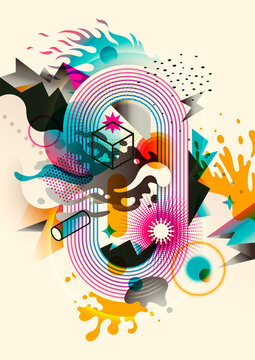 Modern abstract illustration made of various shapes and objects in intense colors. Youthful style. Vector illustration.