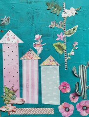 collage houses flowers pink turquoise