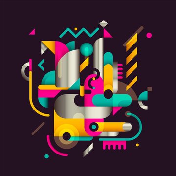 Modern style abstraction with various geometric objects in color. Vector illustration.