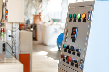 Close up of control panel in industrial production factory