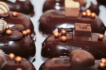 Closeup shot of mini mirror dark chocolate glazed mousse gourmet dessert. Luxurious pastry. Decorated with chocolate details. Sweet appetizer in individual small portions.