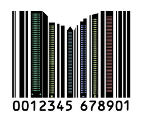 A silhouetted  city at night with lights glowing forms a barcode to represent money, shopping and budget issues in cities. .