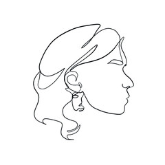 Contour silhouette of female head with earring, lips, eyes, nose and hair drawn by one continuous line. Linear glamour logo in minimal design for advertising jewelry. Abstract cubism face. 