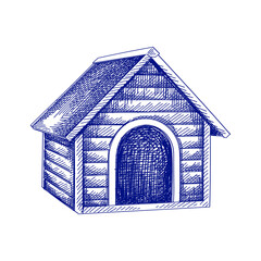Hand-drawn sketch of Wooden Dog House on a white background. Wooden Dog House. Pet supplies. Care for home animals.
- 355494026