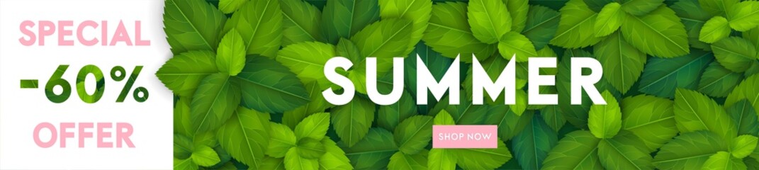 Bright summer background with 3d realistic green leaves and fun lettering, summer natural sale concept design for banners, wallpapers advertising, online shops, flyers, promotion Vector illustration