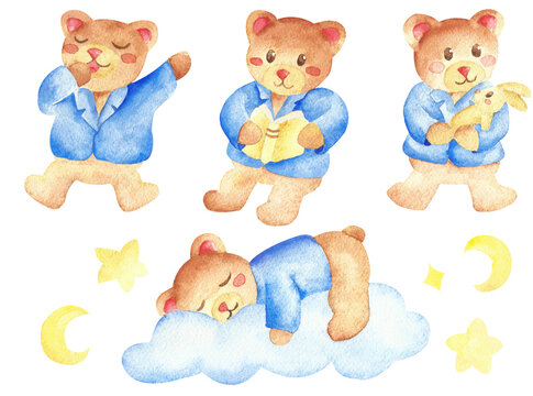 Set of cute dreaming cartoon bear in differt poses hand drawn watercolor