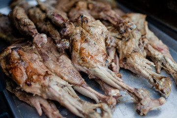 Freshly cooked turkey legs out of the oven.