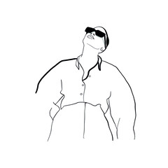 Stylish minimal silhouette of woman in sunglasses. Fashionable typography girl in minimalist style. Beauty sign. Attractive fashion model. Summer fashion.