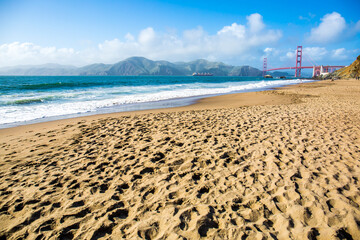 A view of Golden Gate Bridge, San Francisco from Baker beach, California, USA