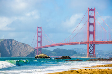 A view of Golden Gate Bridge, San Francisco from Baker beach, California, USA