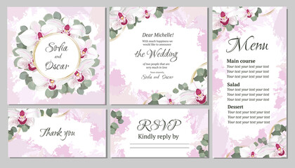 Vector floral template for wedding invitations. Pink royal orchids flowers, round gold frame, green plants, leaves. All elements are isolated. Invitation card, thanks, rsvp, menu.