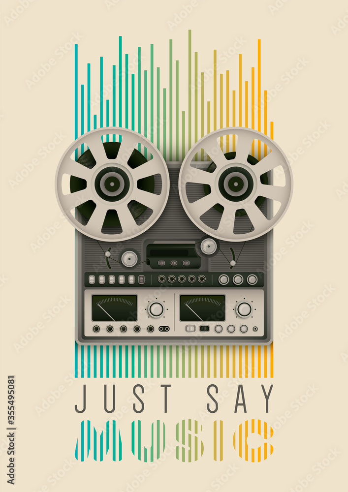 Poster retro style poster design with tape recorder and slogan. music and party concept. vector illustratio