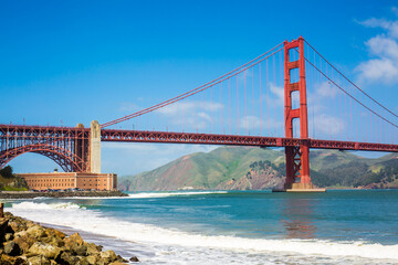 A view of Golden Gate Bridge From Crissy Field East Beach view point, San Francisco, California, USA