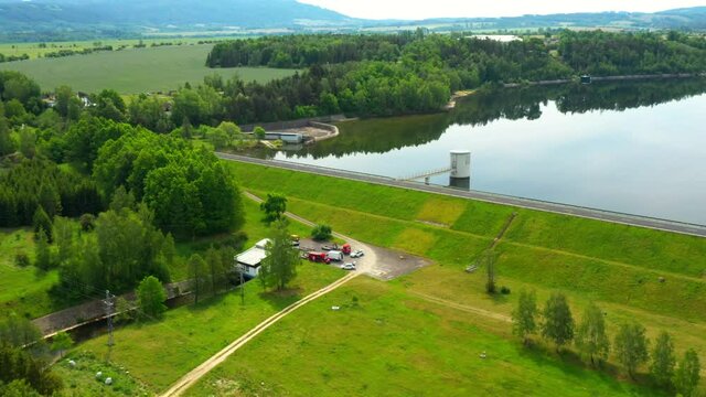 The Jesenice Reservoir on Odrava River is dam in Cheb. Aerial view to important source of sustainable energy in Czech Republic.
