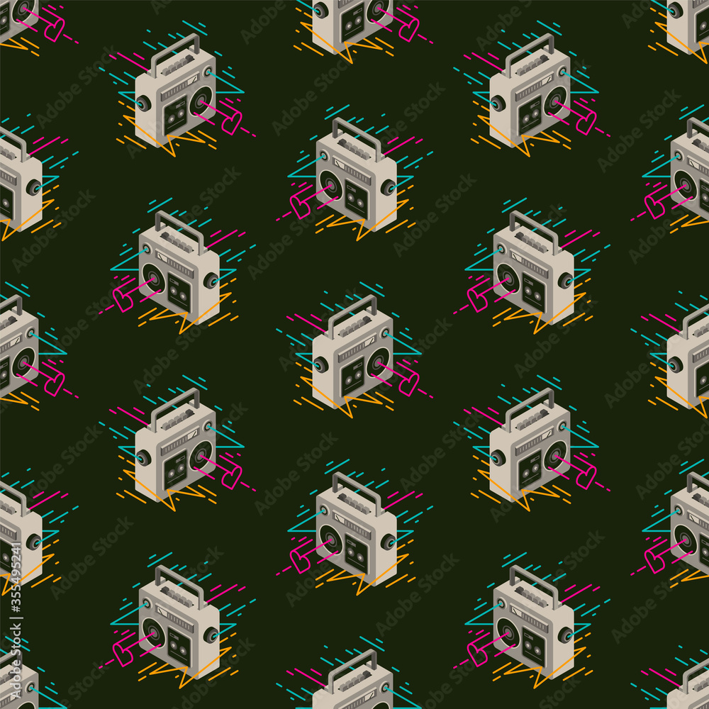 Poster seamless pattern design made of retro radio in isometric style. vector illustration.